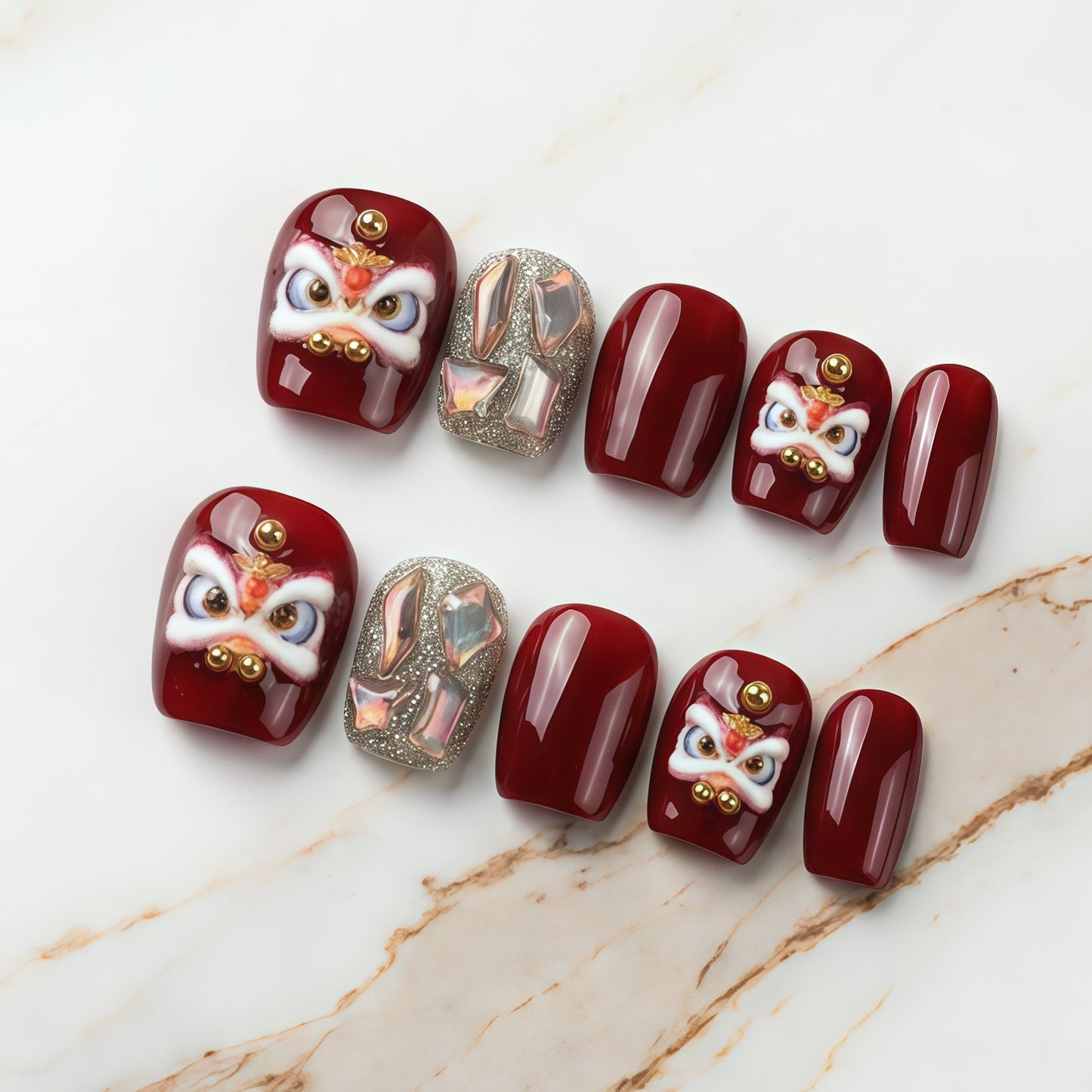 Lumi Loop Lucky Red dancing lion press-on nails for Lunar New Year. sparkle base gel with shining gem base with festive red accents, handmade short square shape.