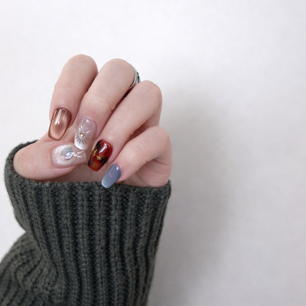 Close up of thumb nail featuring a unique gold-framed planetary design with a shimmer center.