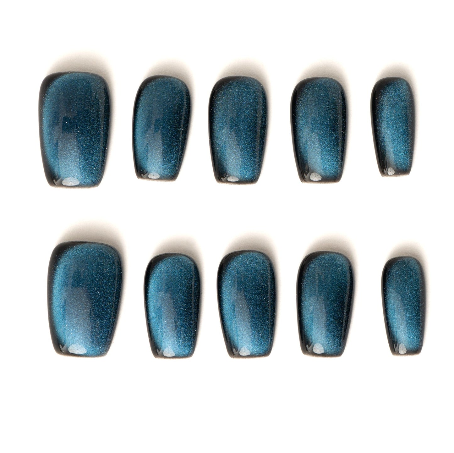 high quality Full set of dark petrol blue velvet cat eye press-on nails, showing the magnetic shimmer and glossy top coat.