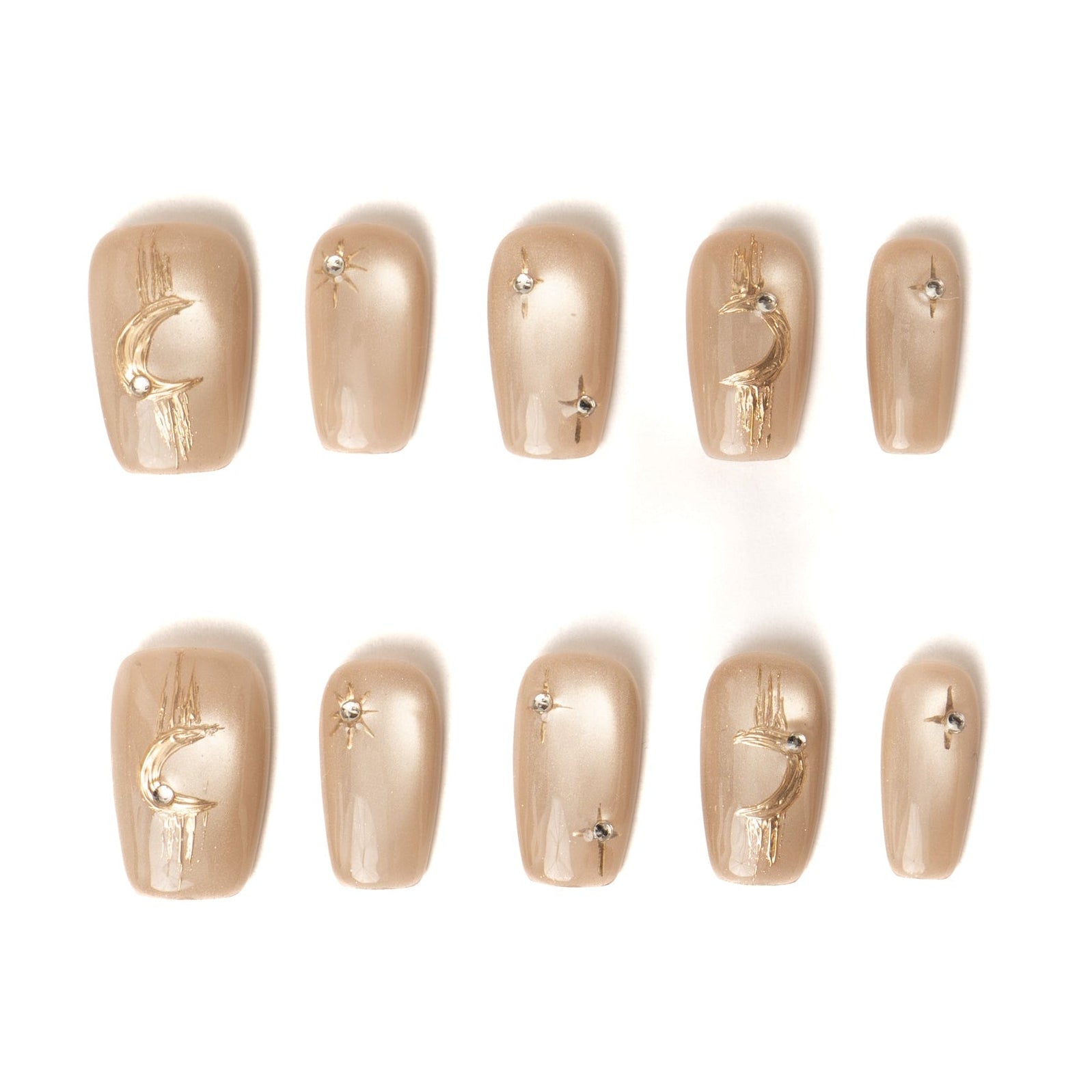 Lumi Loop handmade press-on nails full set in Celestial Bronze, featuring cat eye gel and gold moon star art.
Thumb Detail	nail art detail