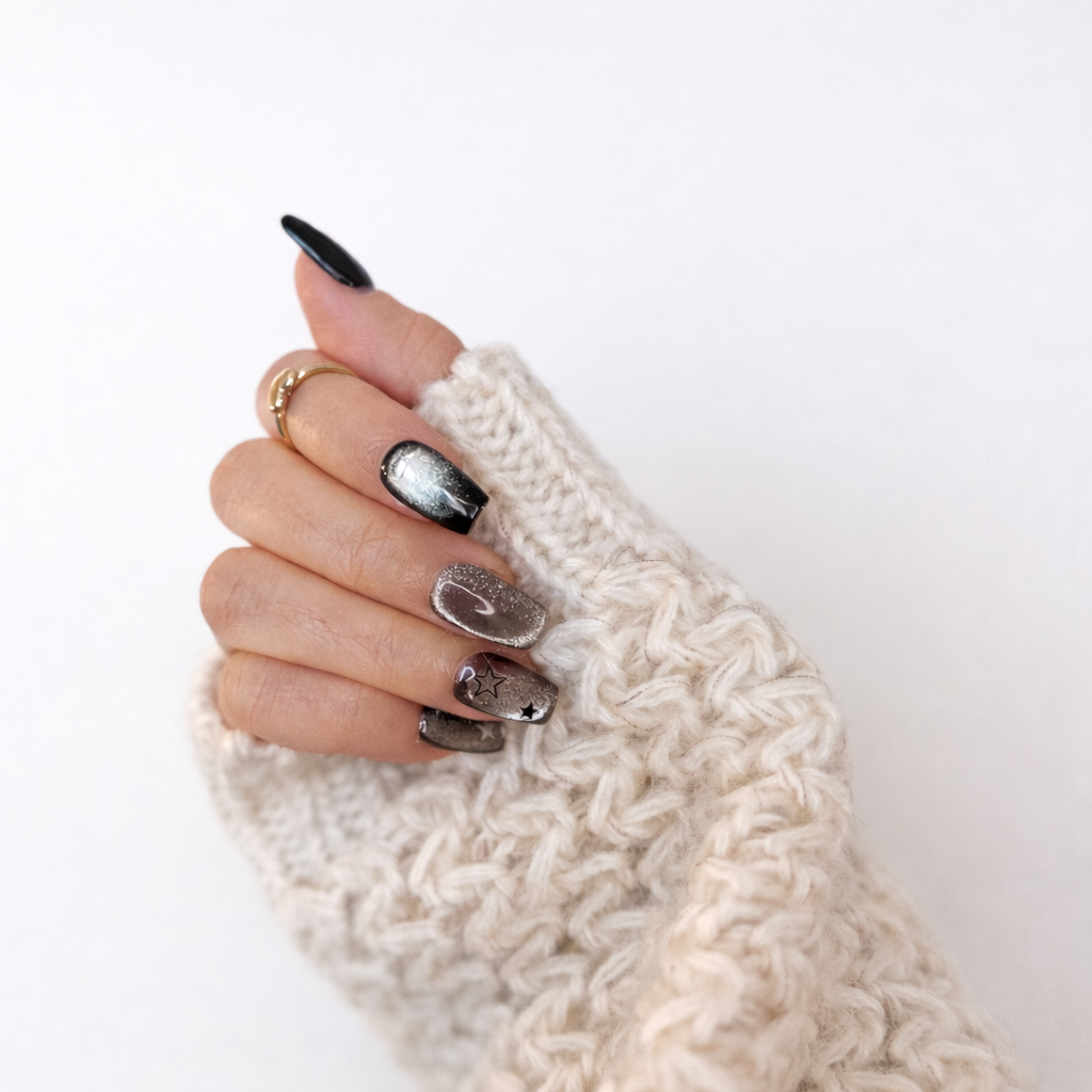 Side angle view of short coffin press-on nails in black and silver, showing the durable curve and hand-painted star details.